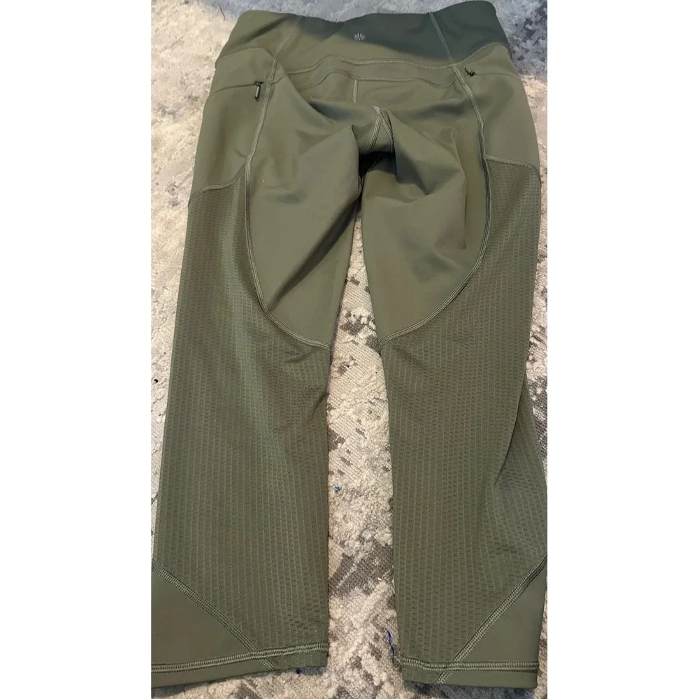 Athleta Mesh Contender Capri Leggings Olive Green Women's Size S Pockets Zippers